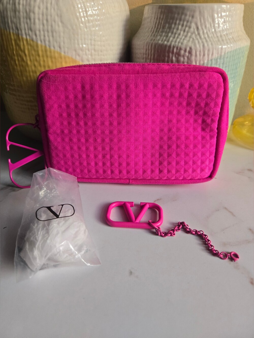 GUC BUNDLE Valentino Garavani Beauty Pink Quilted Cosmetic Bag With New Charm